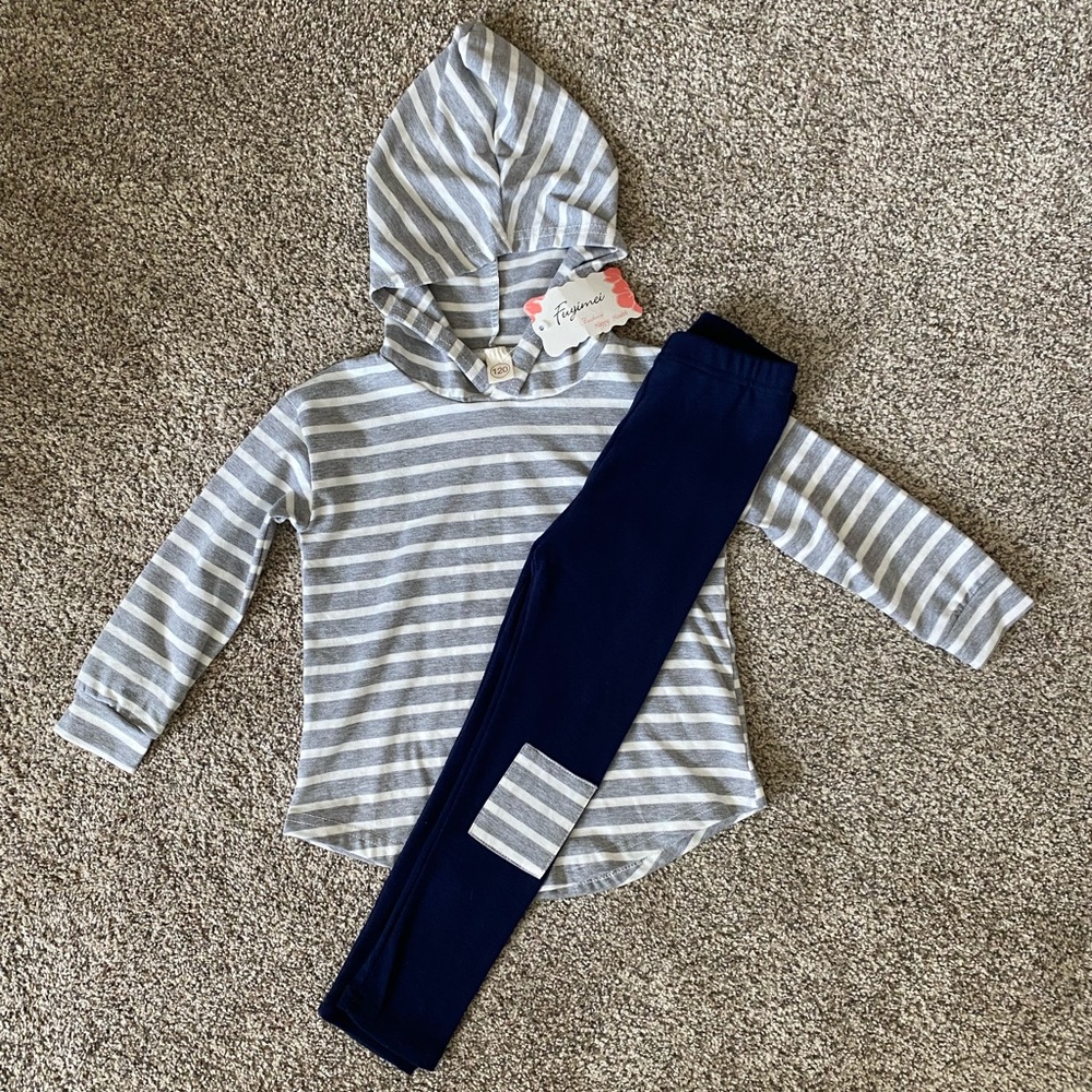 5T lounge set gray white stripes with navy pants